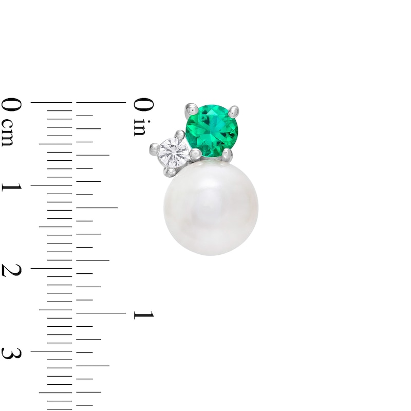 Main Image 3 of Freshwater Cultured Pearl, Lab-Created Emerald and White Sapphire Three Stone Stud Earrings in Sterling Silver