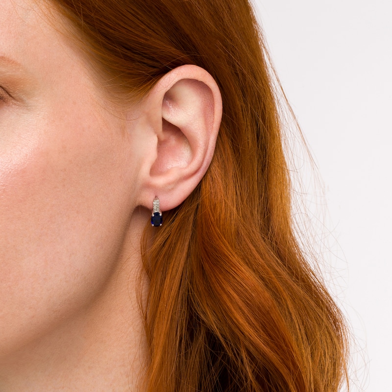 Main Image 2 of Oval Blue and White Lab-Created Sapphire Double Row Stick Drop Earrings in Sterling Silver