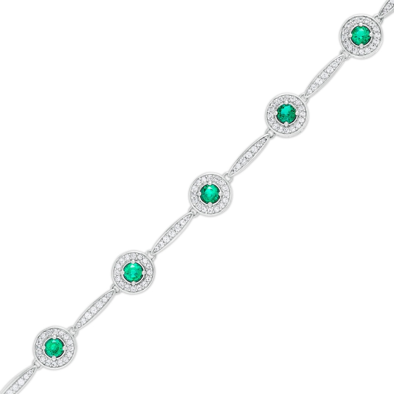 Main Image 1 of Lab-Created Emerald and White Sapphire Frame Five Stone Station Bracelet in Sterling Silver - 7.25"