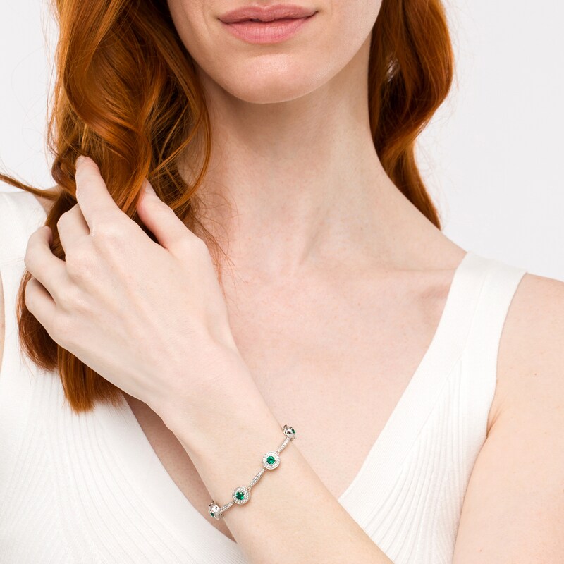 Main Image 2 of Lab-Created Emerald and White Sapphire Frame Five Stone Station Bracelet in Sterling Silver - 7.25"