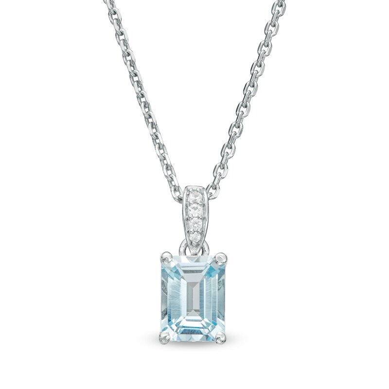 Main Image 1 of Emerald-Cut Aquamarine and White Lab-Created Sapphire Pendant in Sterling Silver