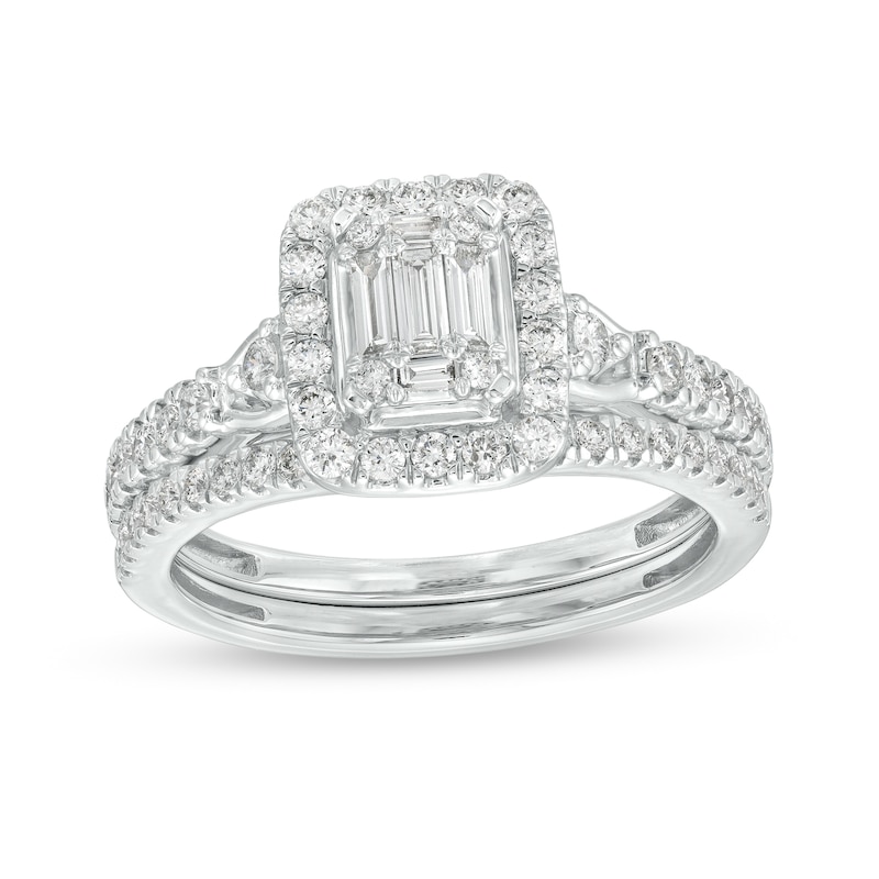 3/4 CT. T.W. Emerald-Shaped Multi-Diamond Frame Bridal Set in 10K White Gold (I/SI2)