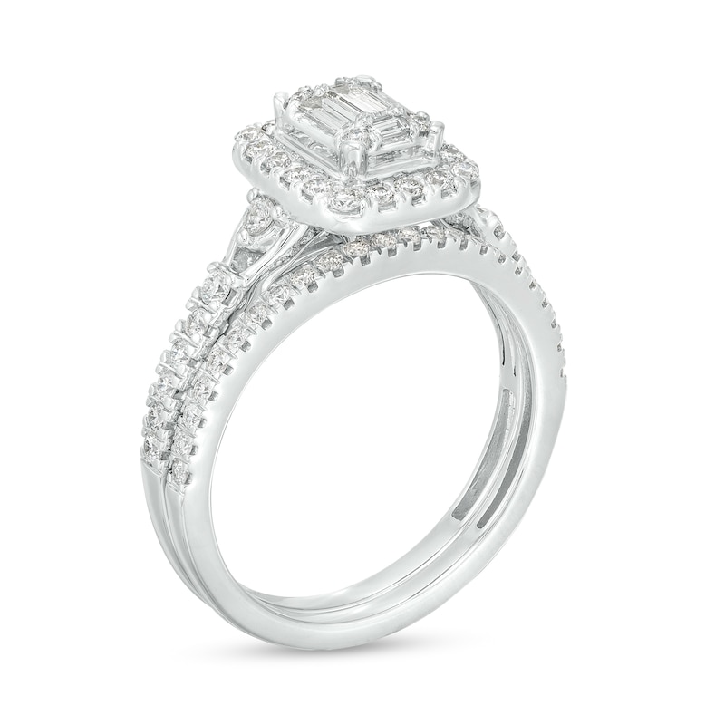 3/4 CT. T.W. Emerald-Shaped Multi-Diamond Frame Bridal Set in 10K White Gold (I/SI2)