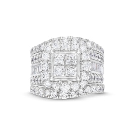 4 CT. T.W. Quad Princess-Cut Diamond Cushion Frame Multi-Row Three-Piece Bridal Set in 14K White Gold