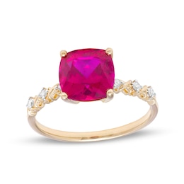 8.0mm Cushion-Cut Lab-Created Ruby and 1/15 CT. T.W. Diamond &quot;X&quot; Shank Ring in 10K Gold