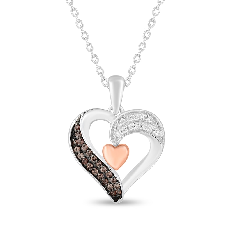 Main Image 1 of 1/6 CT. T.W. Champagne and White Diamond Double Row Heart Pendant in Sterling Silver with 14K Rose Gold Plate