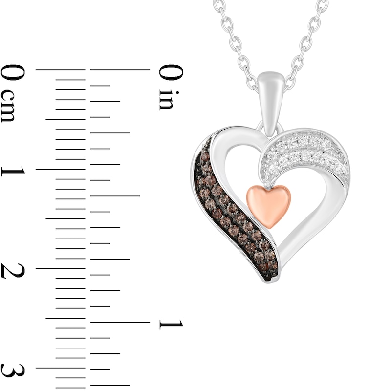 Main Image 2 of 1/6 CT. T.W. Champagne and White Diamond Double Row Heart Pendant in Sterling Silver with 14K Rose Gold Plate