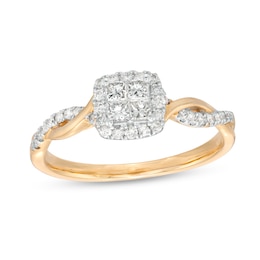 3/8 CT. T.W. Quad Princess-Cut Diamond Cushion-Shaped Frame Twist Shank Engagement Ring in 10K Gold (I/I2)