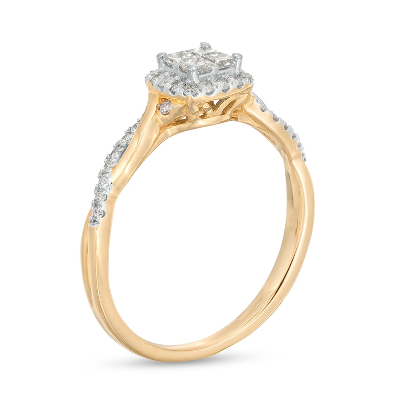 Main Image 2 of 3/8 CT. T.W. Quad Princess-Cut Diamond Cushion-Shaped Frame Twist Shank Engagement Ring in 10K Gold (I/I2)