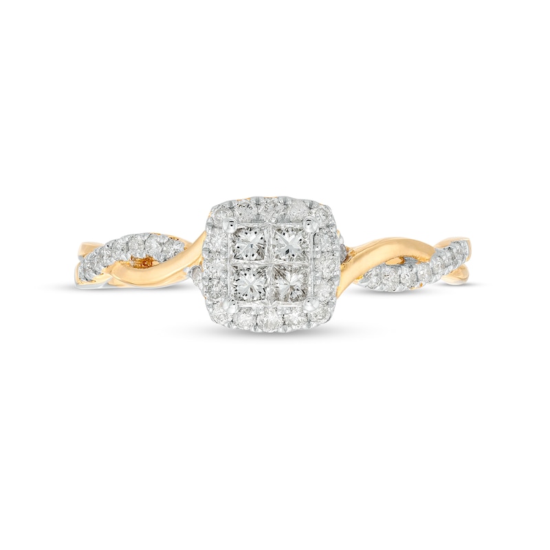 Main Image 3 of 3/8 CT. T.W. Quad Princess-Cut Diamond Cushion-Shaped Frame Twist Shank Engagement Ring in 10K Gold (I/I2)