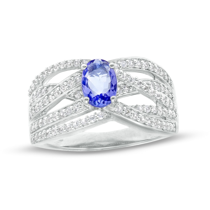 Main Image 1 of Oval Tanzanite and White Lab-Created Sapphire Layered Multi-Row Ring in Sterling Silver