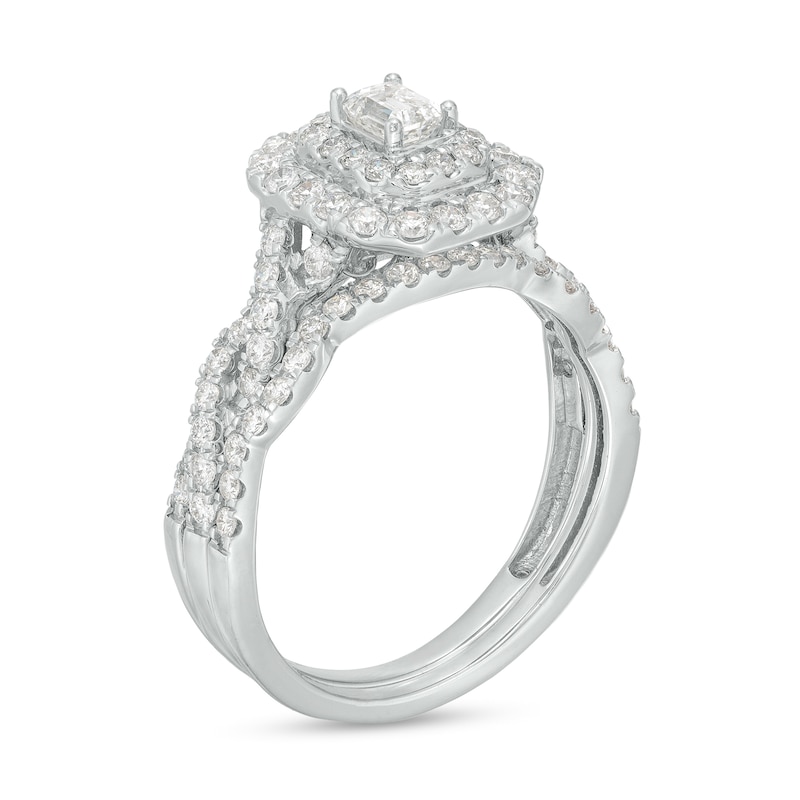 Main Image 2 of 1 CT. T.W. Emerald-Cut Diamond Double Frame Twist Shank Bridal Set in 14K White Gold (I/SI2)