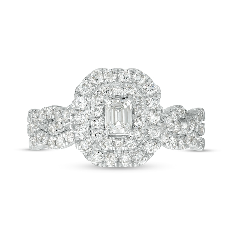 1 CT. T.W. Emerald-Cut Diamond Double Frame Twist Shank Bridal Set in 14K White Gold (I/SI2)