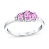 Thumbnail Image 1 of Oval Pink Sapphire and Diamond Accent Three Stone Ring in 14K White Gold