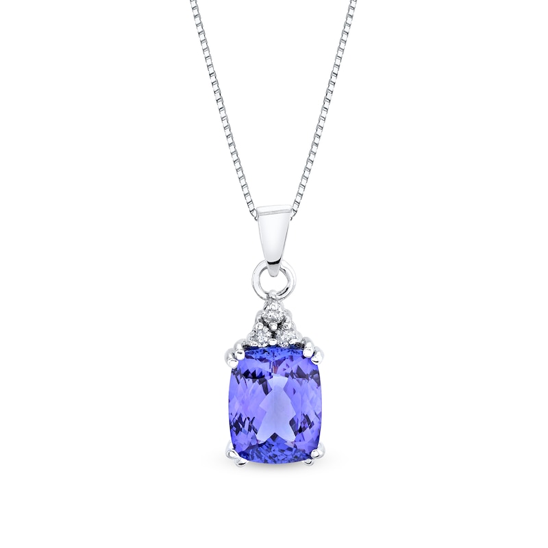 Main Image 1 of Cushion-Cut Tanzanite and 1/20 CT. T.W. Diamond Tri-Top Drop Pendant in 14K White Gold