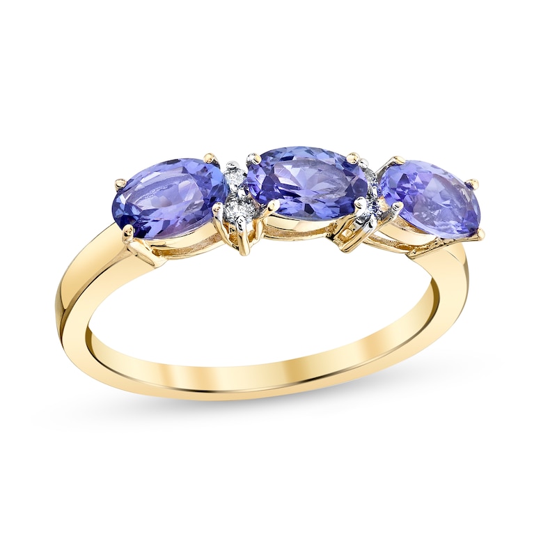 Main Image 1 of Sideways Oval Tanzanite and 1/20 CT. T.W. Diamond Duo Alternating Three Stone Ring in 14K Gold