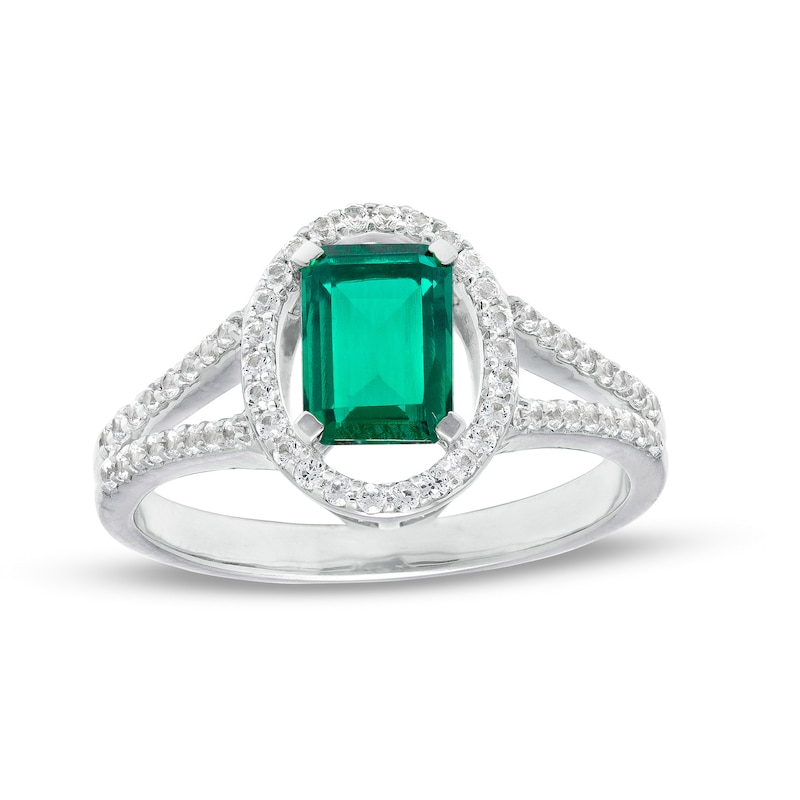 Emerald-Cut Lab-Created Emerald and White Sapphire Oval Frame Split Shank Ring in Sterling Silver