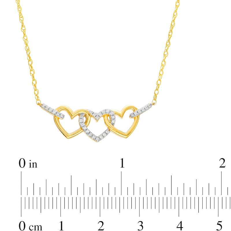 Main Image 3 of 1/10 CT. T.W. Diamond Triple Heart Link Necklace in 10K Gold