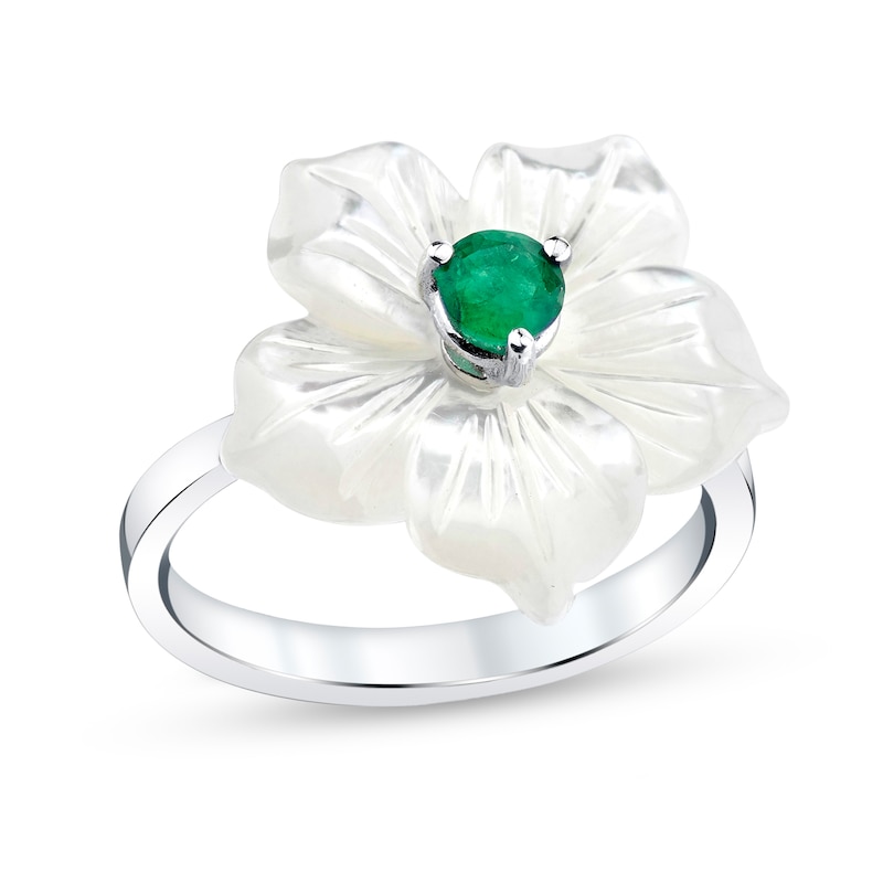 Main Image 1 of 4.0mm Emerald and Mother-of-Pearl Petal Plumeria Flower Ring in Sterling Silver