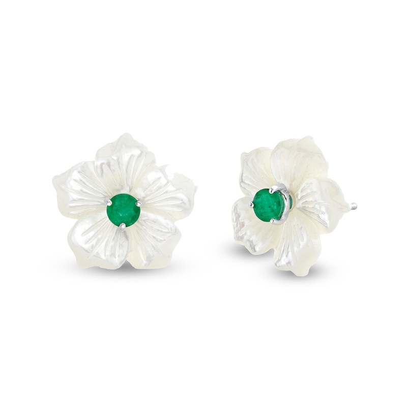 4.0mm Emerald and Mother-of-Pearl Petal Plumeria Flower Stud Earrings in Sterling Silver