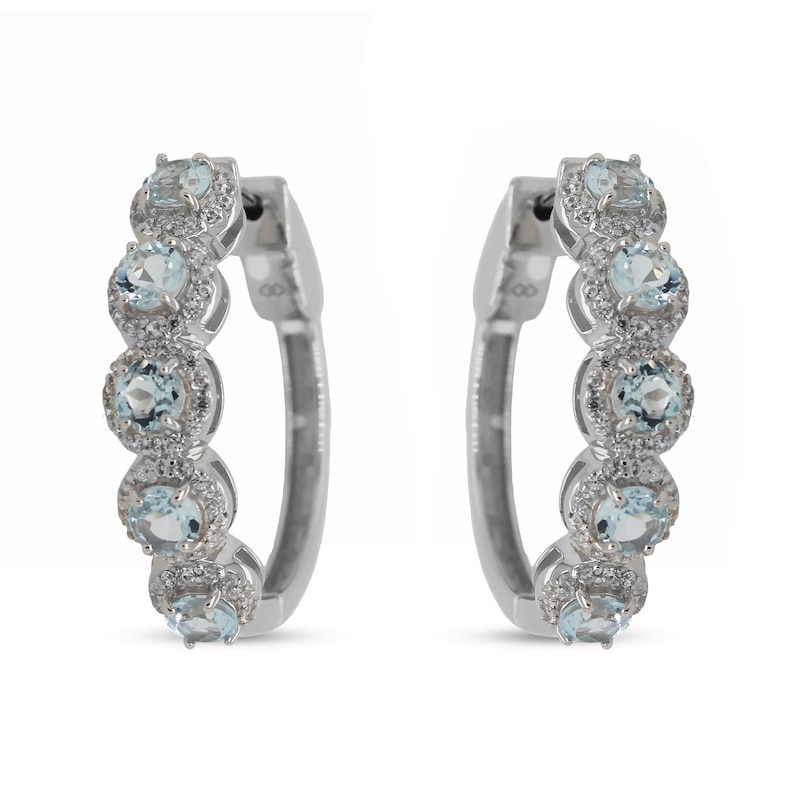 4.0mm Aquamarine and White Zircon Frame Five Stone Hoop Earrings in Sterling Silver