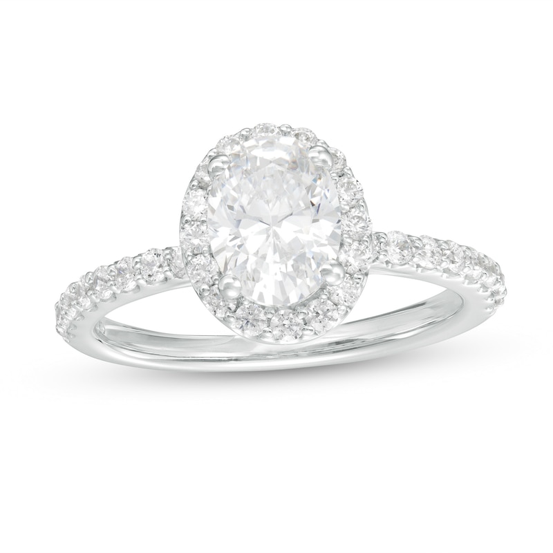 Main Image 1 of 1-1/2 CT. T.W. Certified Oval Lab-Created Diamond Frame Engagement Ring in 14K White Gold (F/VS2)