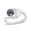 Thumbnail Image 1 of Button Black and White Freshwater Cultured Pearl and White Lab-Created Sapphire Duo Bypass Ring in Sterling Silver