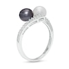 Thumbnail Image 3 of Button Black and White Freshwater Cultured Pearl and White Lab-Created Sapphire Duo Bypass Ring in Sterling Silver