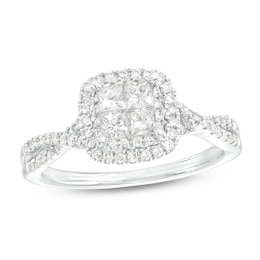 3/4 CT. T.W. Quad Princess-Cut Diamond Cushion Frame Twist Shank Engagement Ring in 14K White Gold