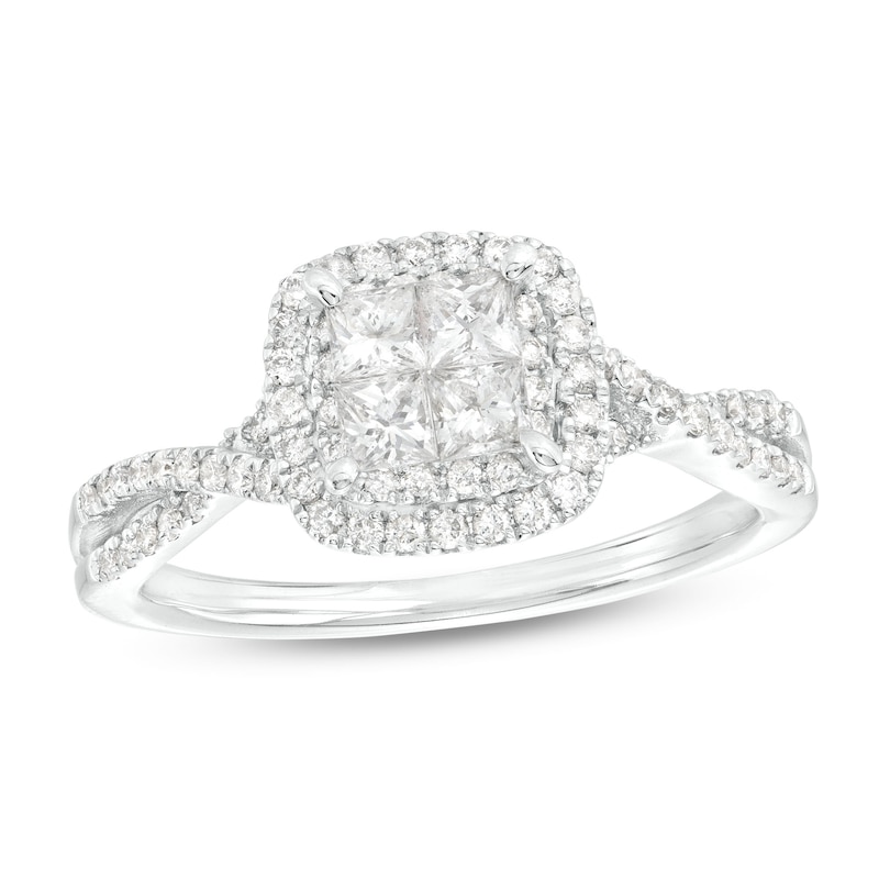 Main Image 1 of 3/4 CT. T.W. Quad Princess-Cut Diamond Cushion Frame Twist Shank Engagement Ring in 14K White Gold