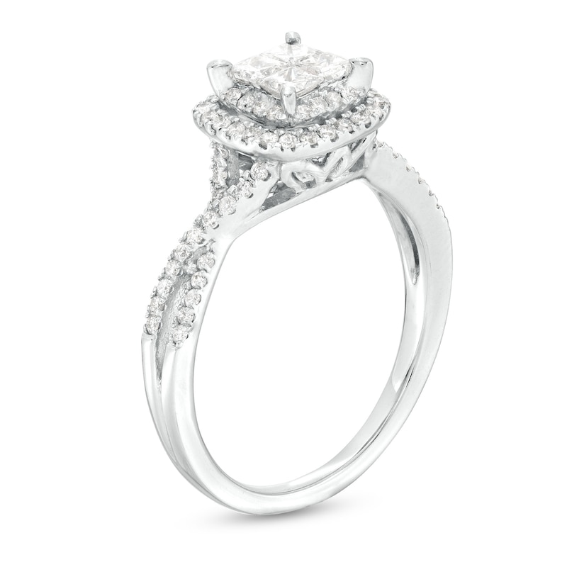 Main Image 3 of 3/4 CT. T.W. Quad Princess-Cut Diamond Cushion Frame Twist Shank Engagement Ring in 14K White Gold