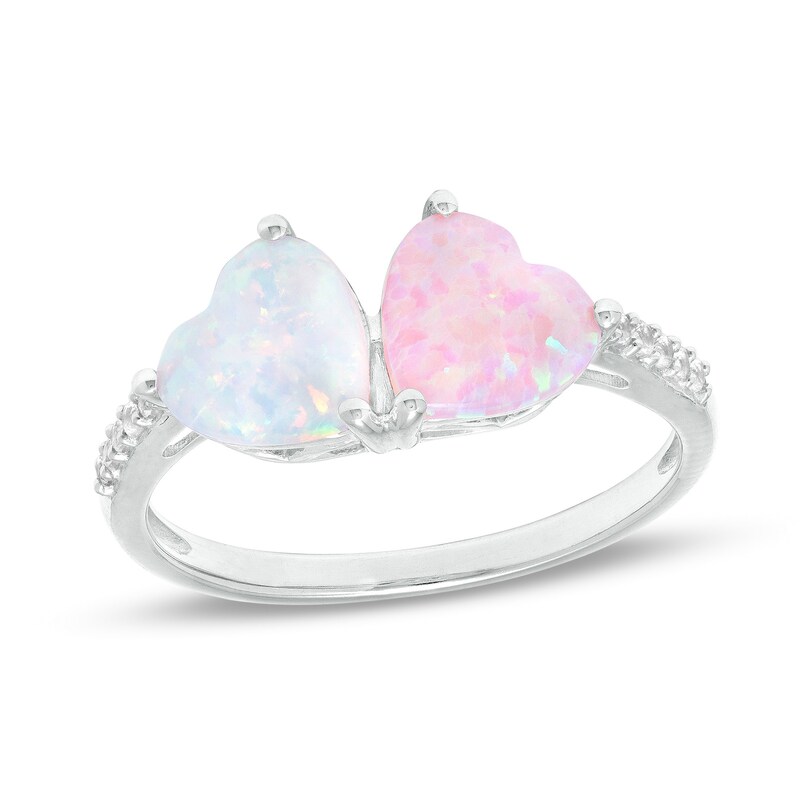 Main Image 1 of Heart-Shaped Pink and White Lab-Created Opal and White Sapphire Duo Ring in Sterling Silver