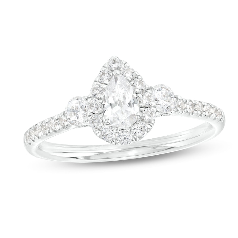 3/4 CT. T.W. Pear-Shaped Diamond Frame Past Present Future® Engagement Ring in 14K White Gold (I/SI2)