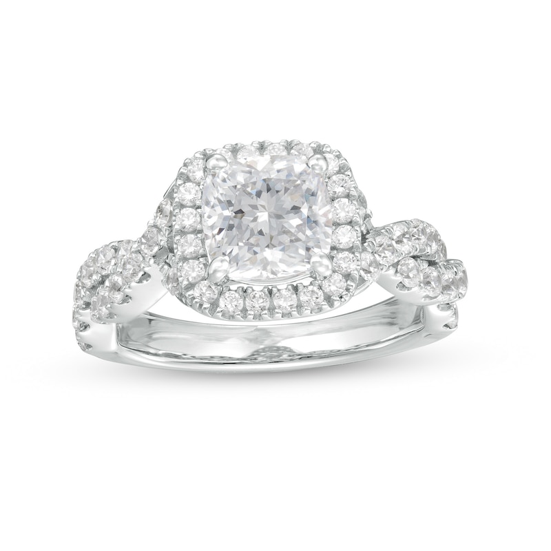 Main Image 1 of 2-3/4 CT. T.W. Certified Cushion-Cut Lab-Created Diamond Frame Twist Shank Engagement Ring in 14K White Gold (F/VS2)