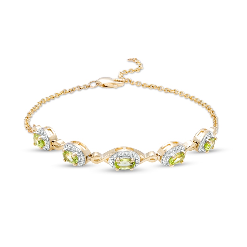 Main Image 1 of Oval Peridot and Diamond Accent Twist Five Stone Bracelet in 10K Gold – 8.0&quot;