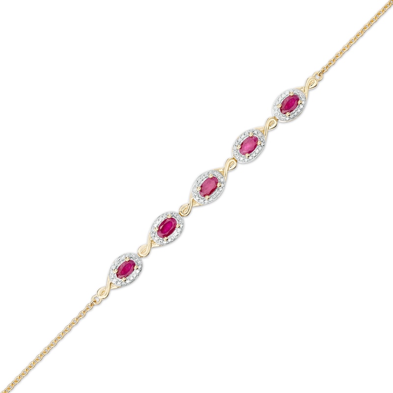 Main Image 1 of Oval Ruby and Diamond Accent Twist Five Stone Bracelet in 10K Gold – 8.0&quot;