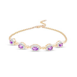 Oval Amethyst and Diamond Accent Twist Five Stone Bracelet in 10K Gold – 8.0&quot;