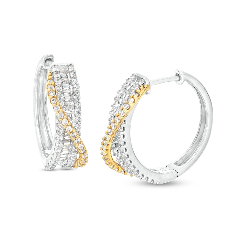 1 CT. T.W. Baguette and Round Diamond Crossover Hoop Earrings in 10K Two-Tone Gold
