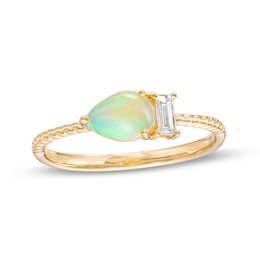Sideways Pear-Shaped Opal and 1/20 CT. Baguette Diamond Rope Shank Ring in 10K Gold