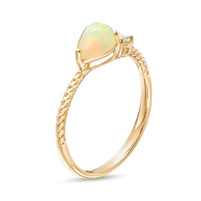 Main Image 3 of Sideways Pear-Shaped Opal and 1/20 CT. Baguette Diamond Rope Shank Ring in 10K Gold