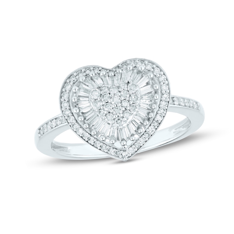 1/2 CT. T.W. Baguette and Round Multi-Diamond Double Frame Heart Ring in 10K White Gold
