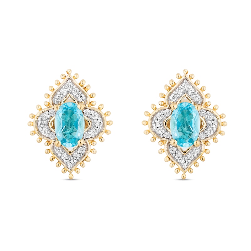 Main Image 2 of Enchanted Disney Jasmine Oval Swiss Blue Topaz and 1/6 CT. T.W. Diamond Arabesque Frame Stud Earrings in 10K Gold