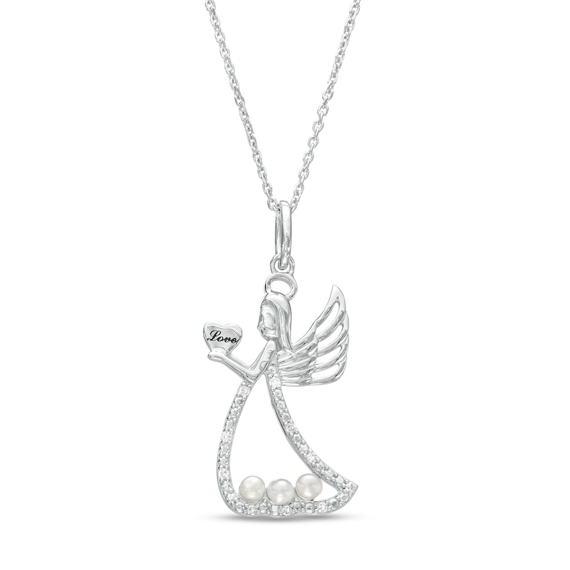 Main Image 1 of Freshwater Cultured Pearl and 1/20 CT. T.W. Diamond Angel with Love Pendant in Sterling Silver