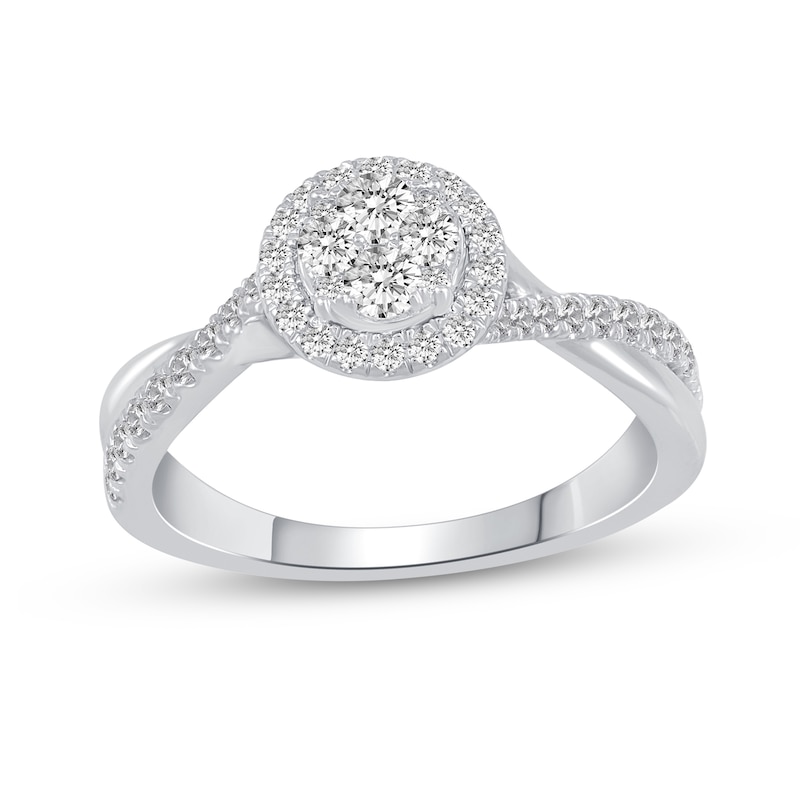 Main Image 1 of 1/2 CT. T.W. Multi-Diamond Frame Twist Shank Engagement Ring in 14K White Gold