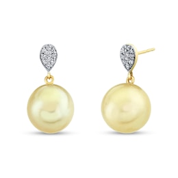 11.0mm Golden South Sea Cultured Pearl and 1/6 CT. T.W. Diamond Teardrop Earrings in 14K Gold