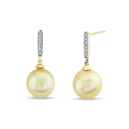10.0mm Golden South Sea Cultured Pearl and 1/10 CT. T.W. Diamond Stick Drop Earrings in 14K Gold