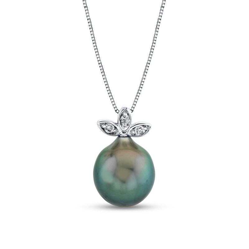 Main Image 1 of 10.0mm Black Tahitian Cultured Pearl and 1/20 CT. T.W. Diamond Leaf-Top Pendant in 14K White Gold