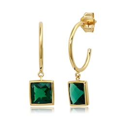 Princess-Cut Lab-Created Emerald Dangle J-Hoop Earrings in 10K Gold