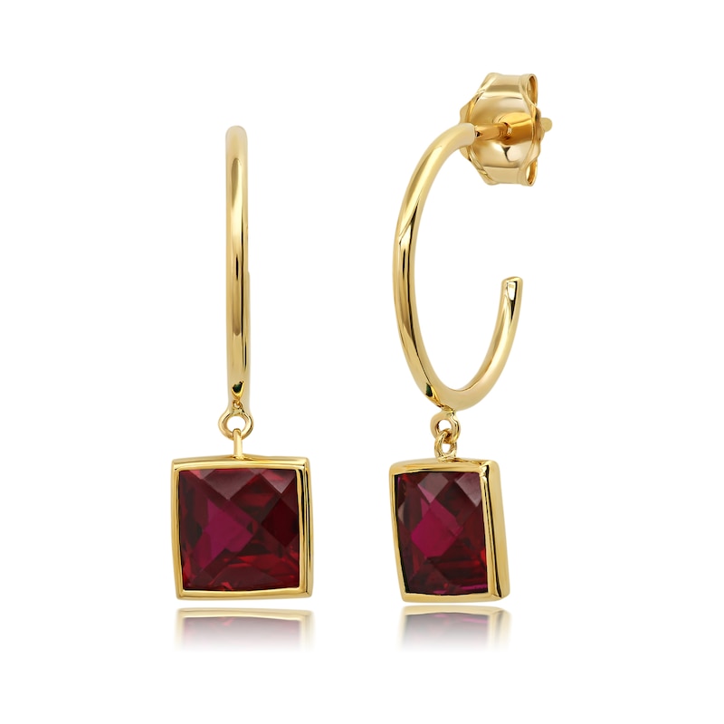 Princess-Cut Lab-Created Ruby Dangle J-Hoop Earrings in 10K Gold