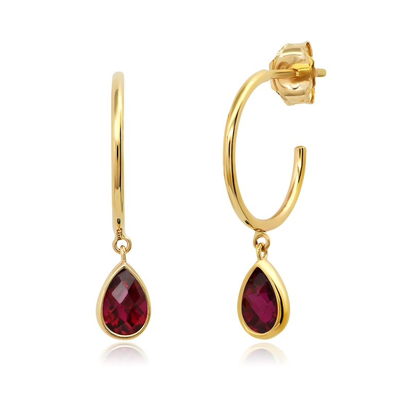 Main Image 1 of Pear-Shaped Lab-Created Ruby Dangle J-Hoop Earrings in 10K Gold